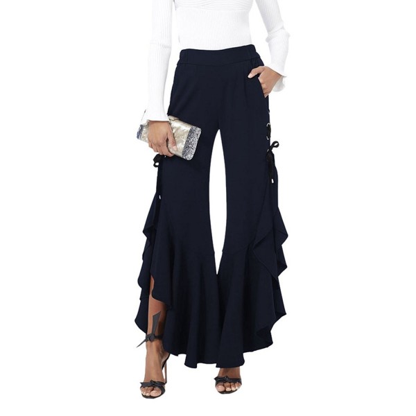 Womens Side Slit Lace Up Asymmetrical Ruffled Flare Pants - Navy Blue ...