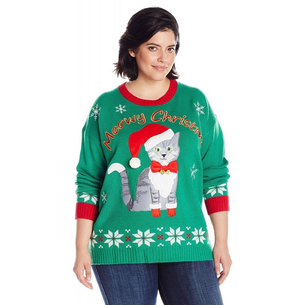 Women's Plus Size Meowy Cat Ugly Christmas Sweater with Bells - Green ...