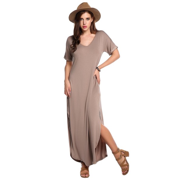 Women V Neck Short Sleeve Loose Pockets Split Side Casual Maxi Dress ...