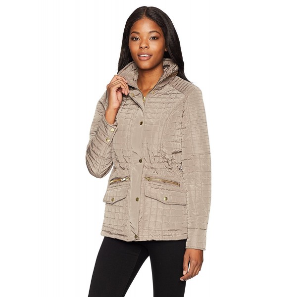 Women's Quileted Shirred Zippered Collar Jacket - Taupe - C5187TI8H36