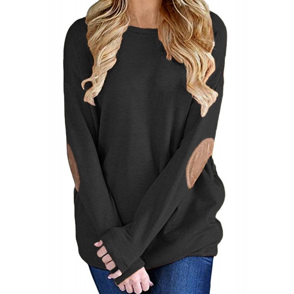 Women's Elbow Patch Crewneck Shirts Casual Loose Long Sleeve Pullover ...