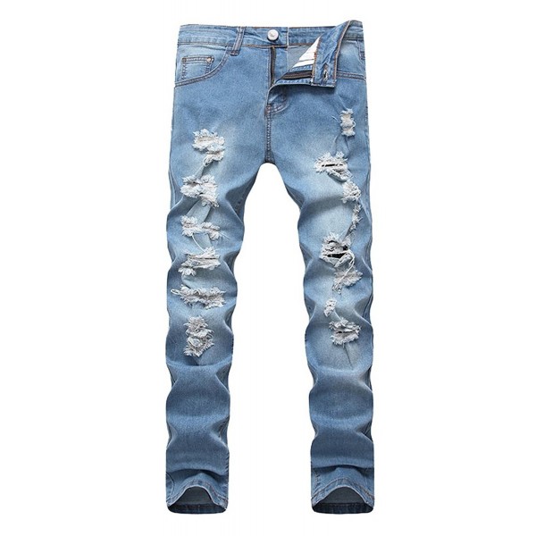 Men's Blue Slim Skinny Fit Distressed Ripped Elastic Tapered Leg Denim ...