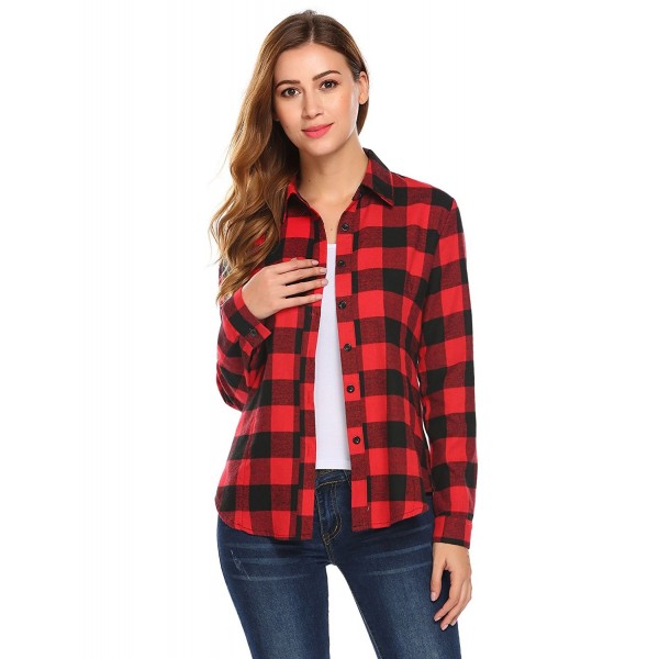 Women's Roll Up Sleeve Casual Slim Plaid Shirt Boyfriend Button Down ...