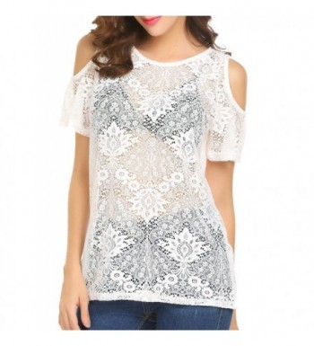 Women Summer Cold Shoulder Short Sleeve Lace Sexy See Through Shirt ...