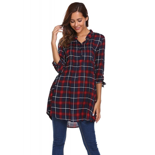Women's Casual 3 4 Sleeve Notch V Neck Plaid Tunic Blouse Tops - Red ...
