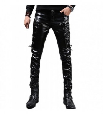 Men`s Rock Steampunk Lace Up PU Leather Pants Slim Fit - Black ...