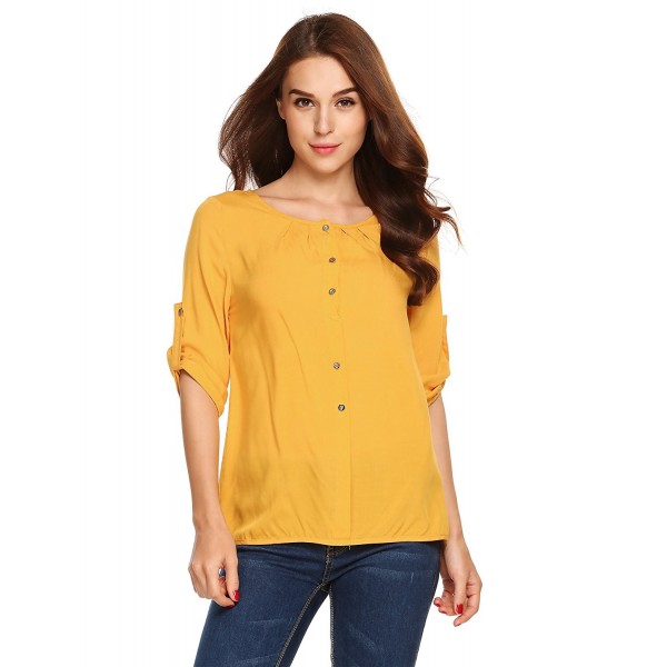 Women's Loose 3/4 Sleeve Casual Button Down Shirt Tops Blouse - Yellow ...