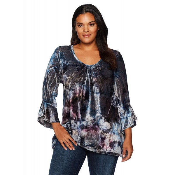 Women's Plus Size 3/4 Flared Sleeve Velvet Top With Lace Back - Purple ...