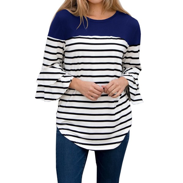 FISACE Womens Ruffle Striped Crewneck