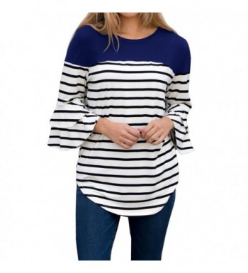 FISACE Womens Ruffle Striped Crewneck