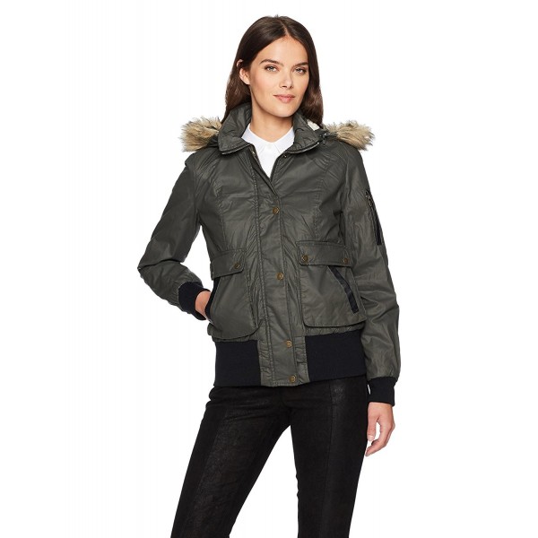 Women's Waxy Cotton Bomber Jacket With a Fur Hood - Olive - C3185S5GIXE