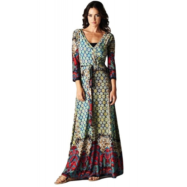 USA 3/4 Sleeve Exotic Bohemian Print Stretch Knit Wrap Maxi Dress ...
