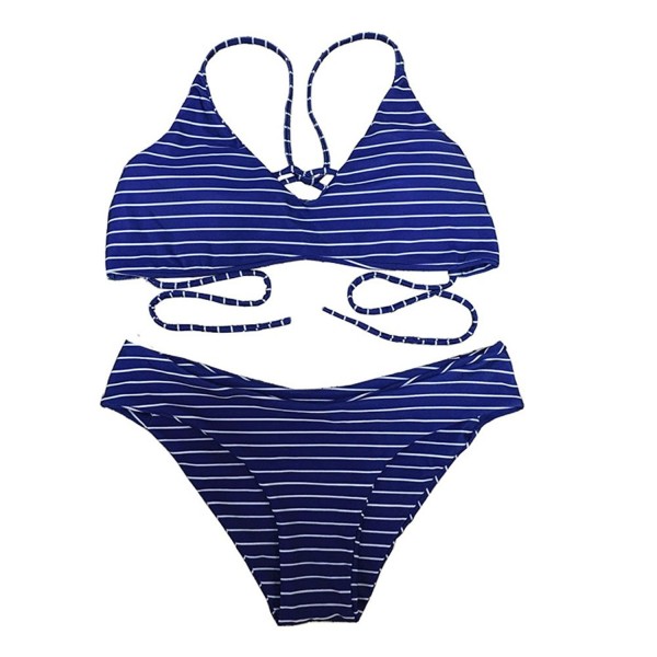 Blue Stripes Strappy Bikini Set Women Swimsuit Swimwear Bathing Suits ...
