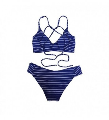 Blue Stripes Strappy Bikini Set Women Swimsuit Swimwear Bathing Suits ...