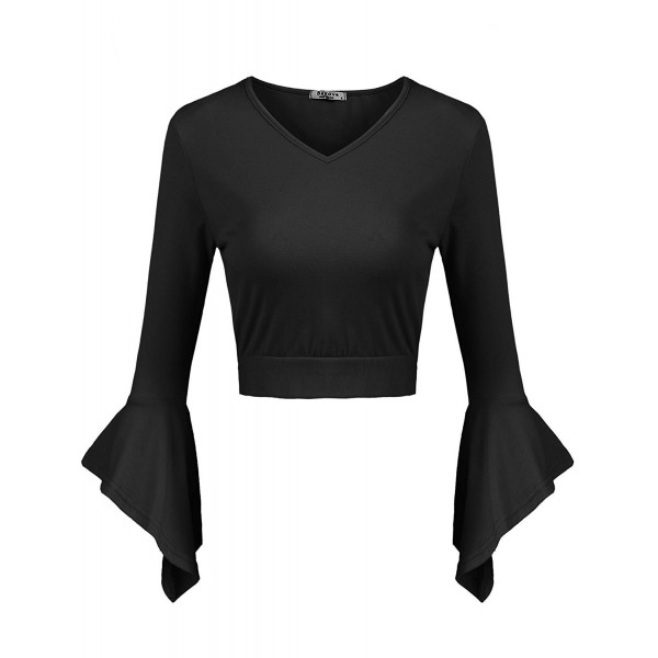 Women Casual V-Neck 3/4 Bell Sleeve Bow Tie Back Solid Slim Fit Crop ...