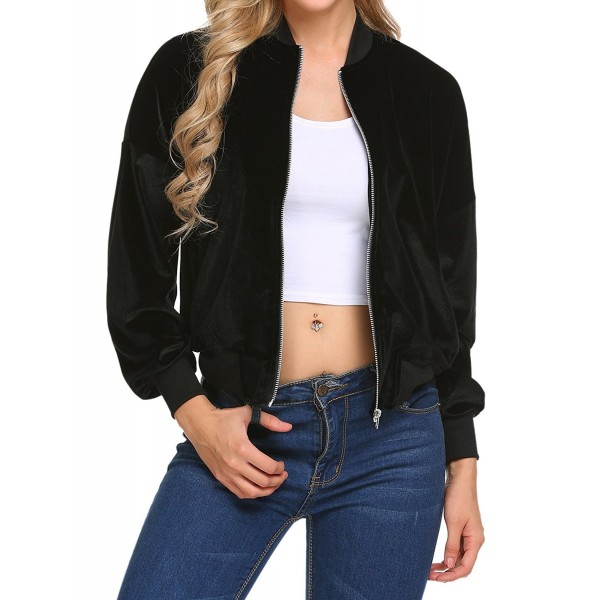 Women's Classic Velvet Windbreaker Solid Short Biker Jacket Zip Up ...