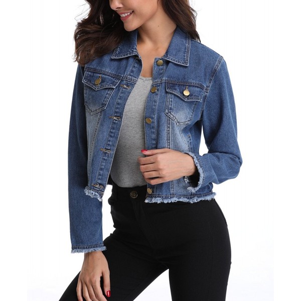 Women's Button Up Turn Down Collar Frayed Denim Washed Jacket w 2 Chest ...