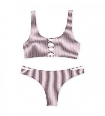 Rib Knit Stripe Bikini Set- Ladder Strap Cut Out Swimsuit For Women ...