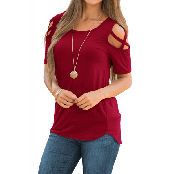 Womens Loose Strappy Cold Shoulder Tops Basic T Shirts - Burgundy ...