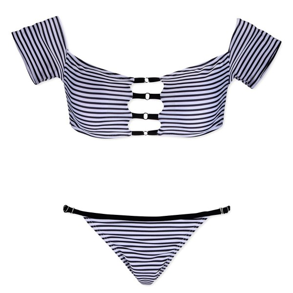 Womens Off The Shoulder Striped Crop Top Thong Bottom Bandage Bikini