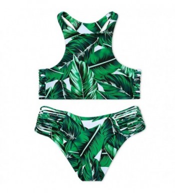Tropical Green Leaf Print Bikini- Strappy High Neck Raceback Swimsuits ...