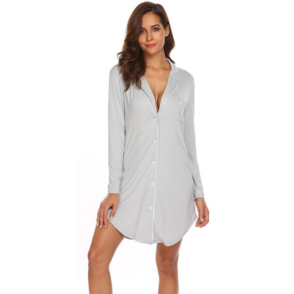 Women Long Sleeve Boyfriend Style Sleepwear Nightgowns - Gray - CO1860Y05C5
