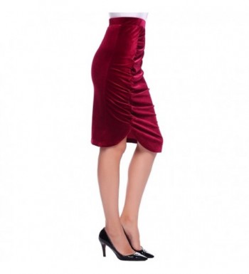 Elegant High Waist Midi Skirts Stretchy Velvet Pencil Ruched Skirt For ...