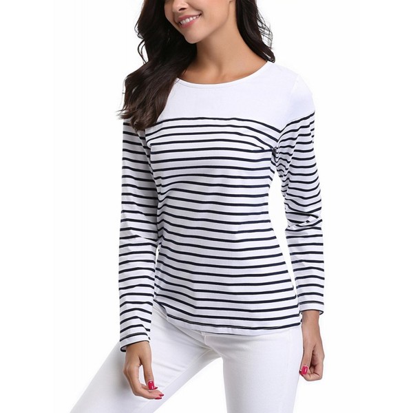 Women's Round Neck Striped Colorblock Tee T-shirt Tops - Dark Blue ...