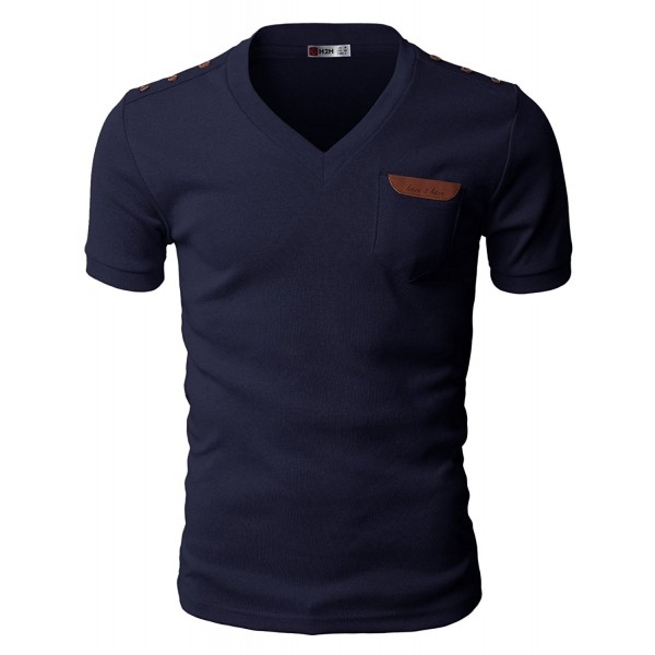 Mens Basic Cotton V-neck T-shirts with Point Shoulder Button Leather ...