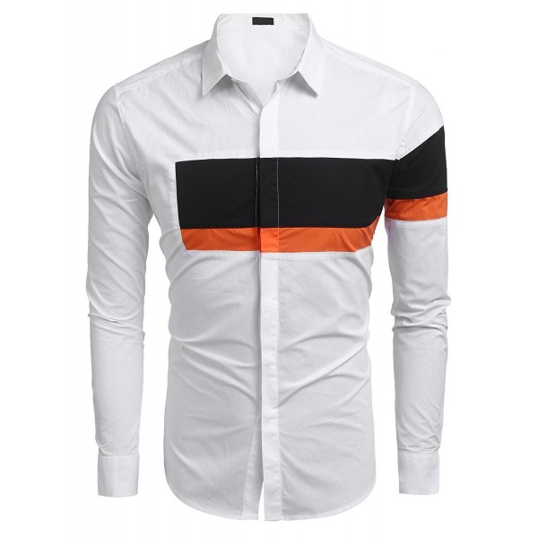 Mens Casual Long Sleeve Contrast Color Patchwork Slim Fit Shirt - White ...