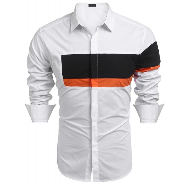 Mens Casual Long Sleeve Contrast Color Patchwork Slim Fit Shirt - White ...