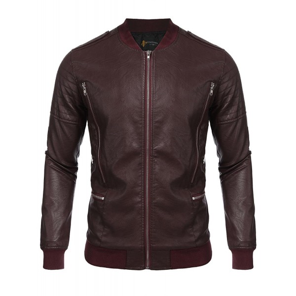 Men's Faux-Leather Zip-Front Stand Collar PU Leather Jacket - Wine Red ...