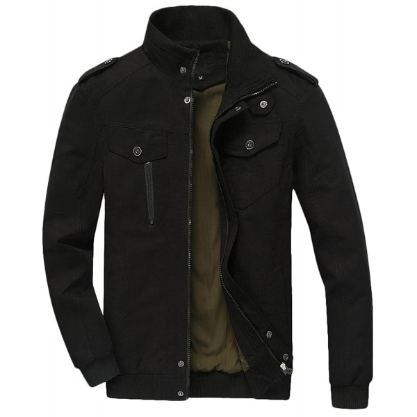 Men's Casual Slim Stand Collar Cotton Jacket - Black - CJ186L6E5T8