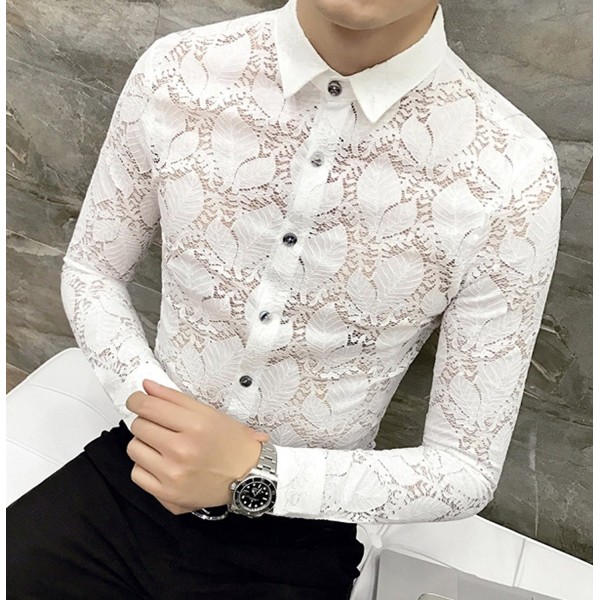 Men's Slim Fit Long Sleeve Casual Shirt - White Lace - CB186II4NCU