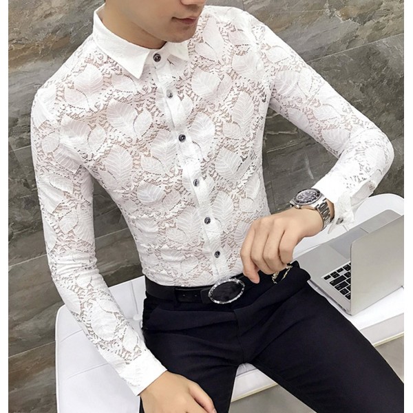 Men's Slim Fit Long Sleeve Casual Shirt - White Lace - CB186II4NCU