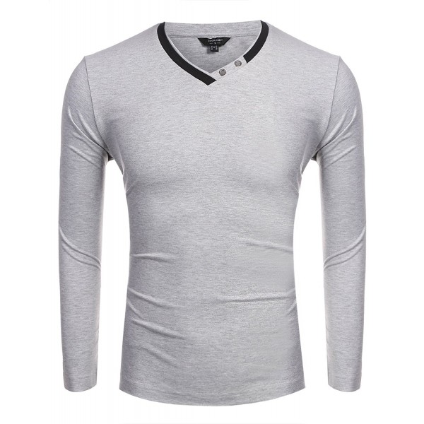 Mens Long Sleeve V-Neck Cotton T-Shirt Casual Pullover With Mental Ring ...