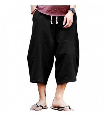 Black,M Creazrise Mens Elastic Cuffed Casual Baggy Cotton Linen Pocket Lounge Harem Pants Beach Long Shorts 