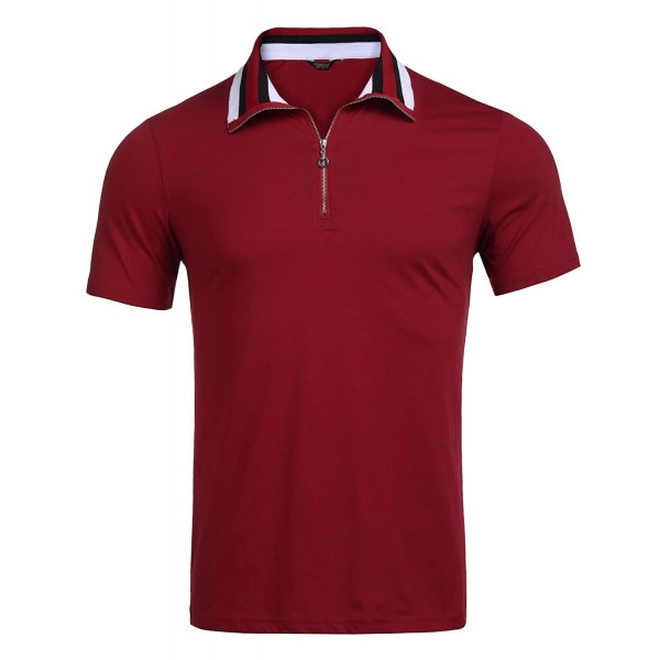 Men's Casual Short Sleeve Cotton Zip Polo Shirts Basic Stripe Collar ...