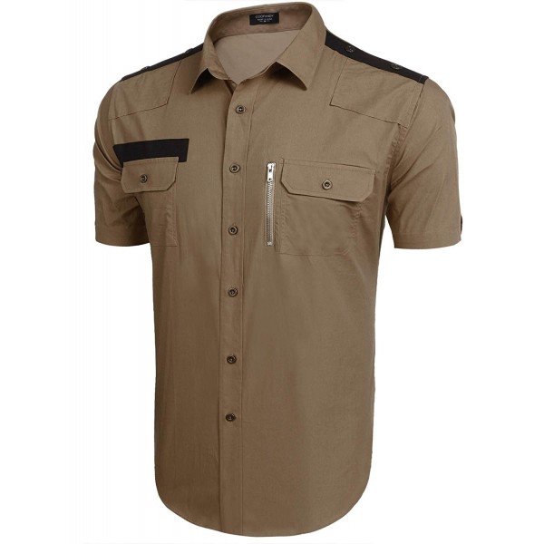 Men's Casual Short Sleeve Button-Down Dress Shirts with Pockets - Khaki ...