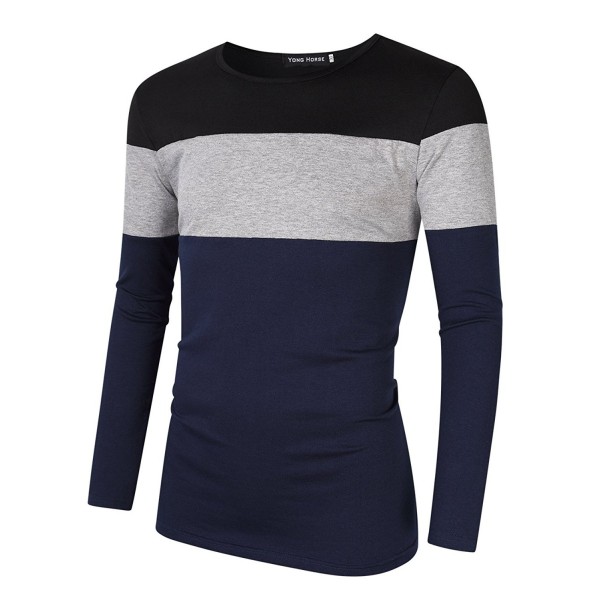 Men's Casual Breathable Tops Contrast Color Stitch Striped Crew Neck ...