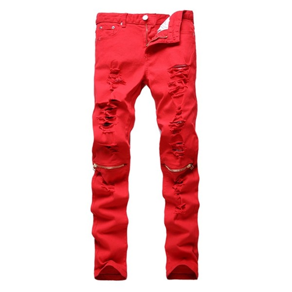 Men's Skinny Stretch Destroyed Zipper Jeans White Red Black - Red ...