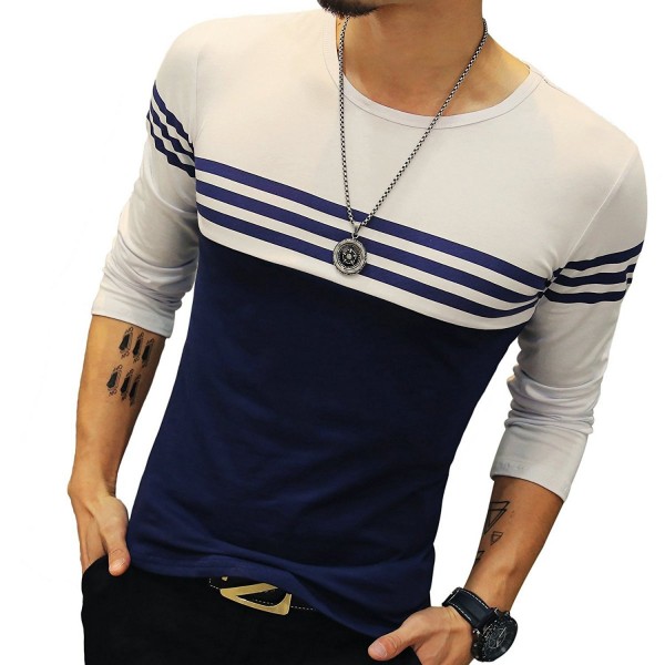 Mens Cotton Fitted long-Sleeve Contrast Color Stitching Stripe T-Shirt ...