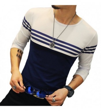 Mens Cotton Fitted long-Sleeve Contrast Color Stitching Stripe T-Shirt ...