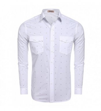 Mens All Over Printed Long Sleeve Button Down Shirts - White - C612O1VLQBG