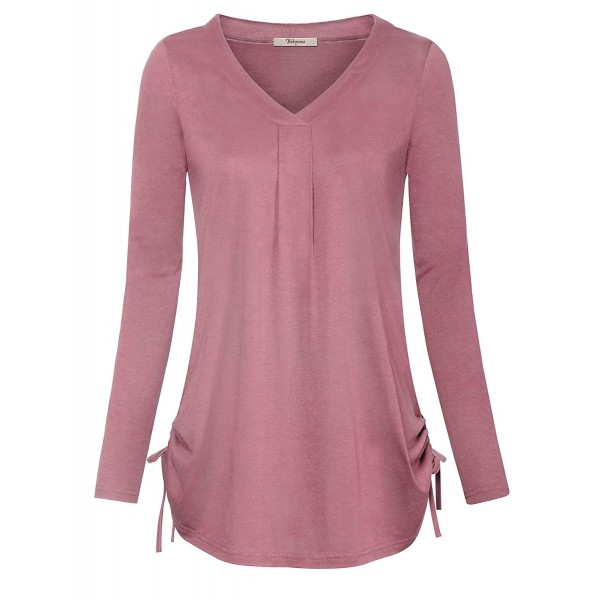 Bebonnie Womens Long Sleeve Neck Casual Tunic Top Ladies Pleated Drawstring Flattering Blouse