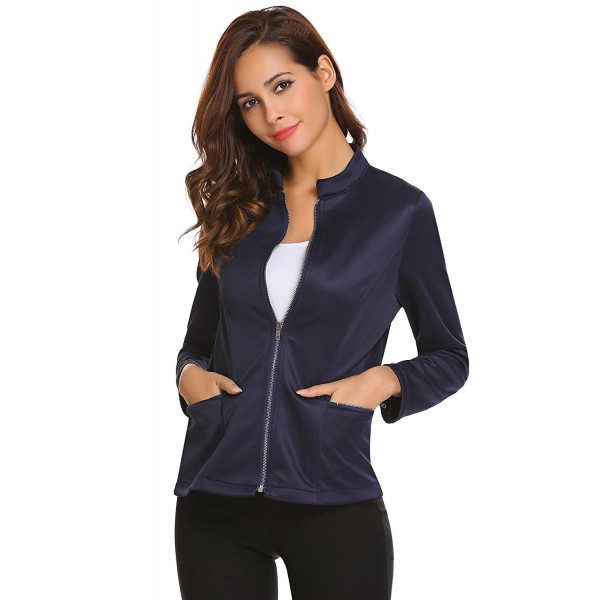 Women Collarless Zipper Blazer Office Jacket Long Sleeve Slim Fit ...