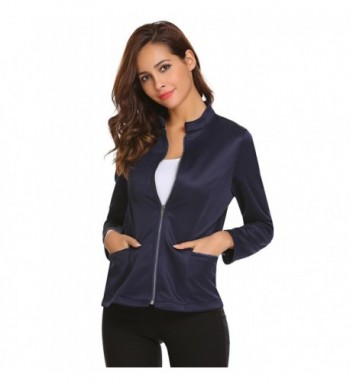 Concep Women Collarless Zipper Blazer Office Jacket Long Sleeve Slim Fit Cardigan 
