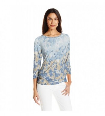 Women's Plus Size Floral 3/4 Sleeve Knit Top With Double Side Ruching ...