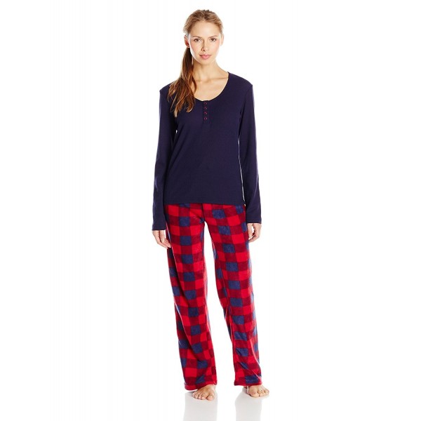 Women's Long Sleeve Thermal and Microfleece Pants Pajama Set - Navy ...