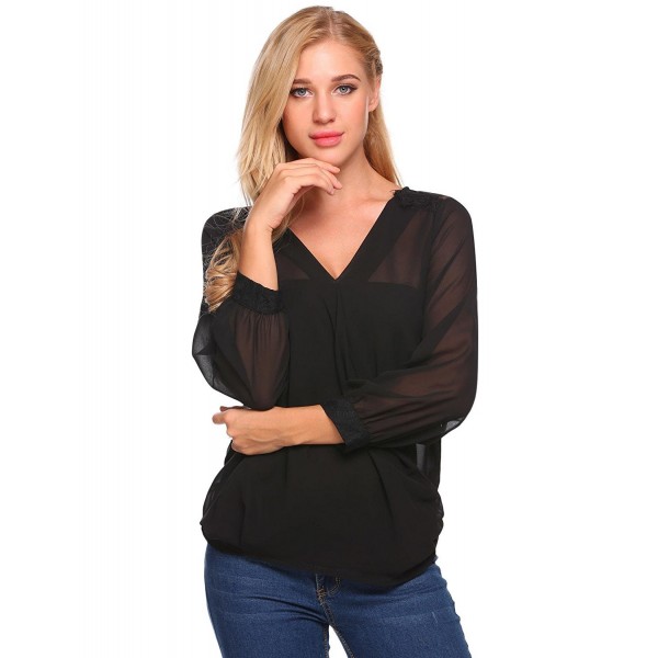 Womens Sexy Sheer Long Sleeve Warp Shirt V-Neck Lace Chiffon Blouse Top ...